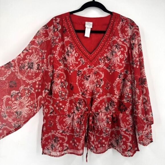 Vintage Y2K Fashion Bug Floral Beaded Bandana Print Tie Waist Blouse Sheer 2X - Picture 1 of 13
